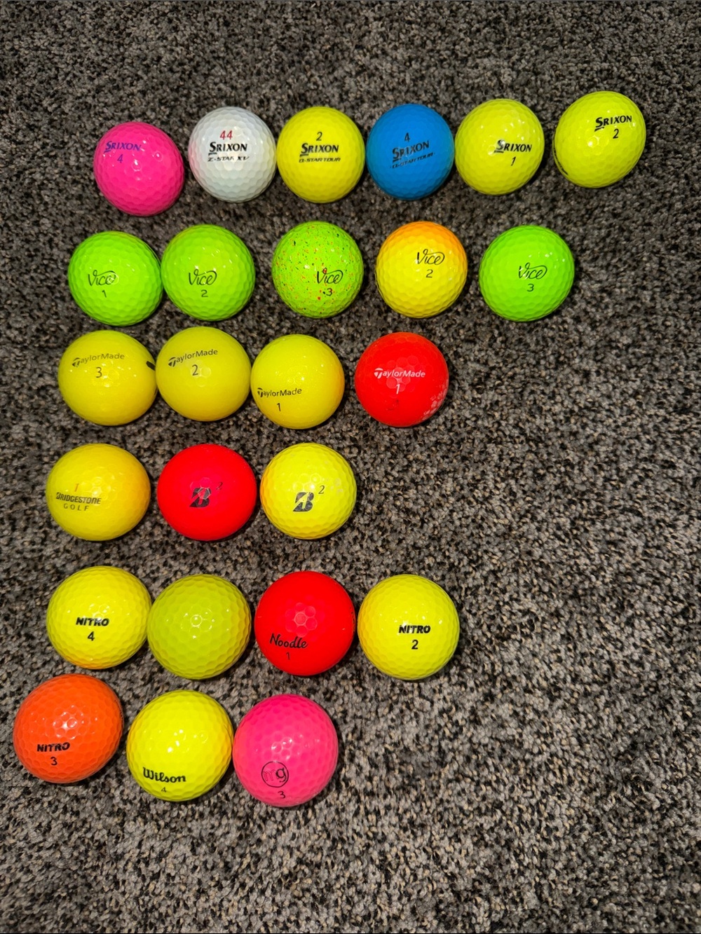 25 Colored Used Golf Balls – Srixon, Vice, TaylorMade, Bridgestone + Others